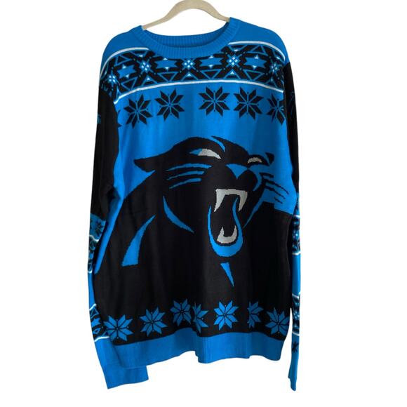 NWT NFL Carolina Panthers Blue Black Argyle Logo Ugly Christmas Sweater Size 2XL - Picture 1 of 16